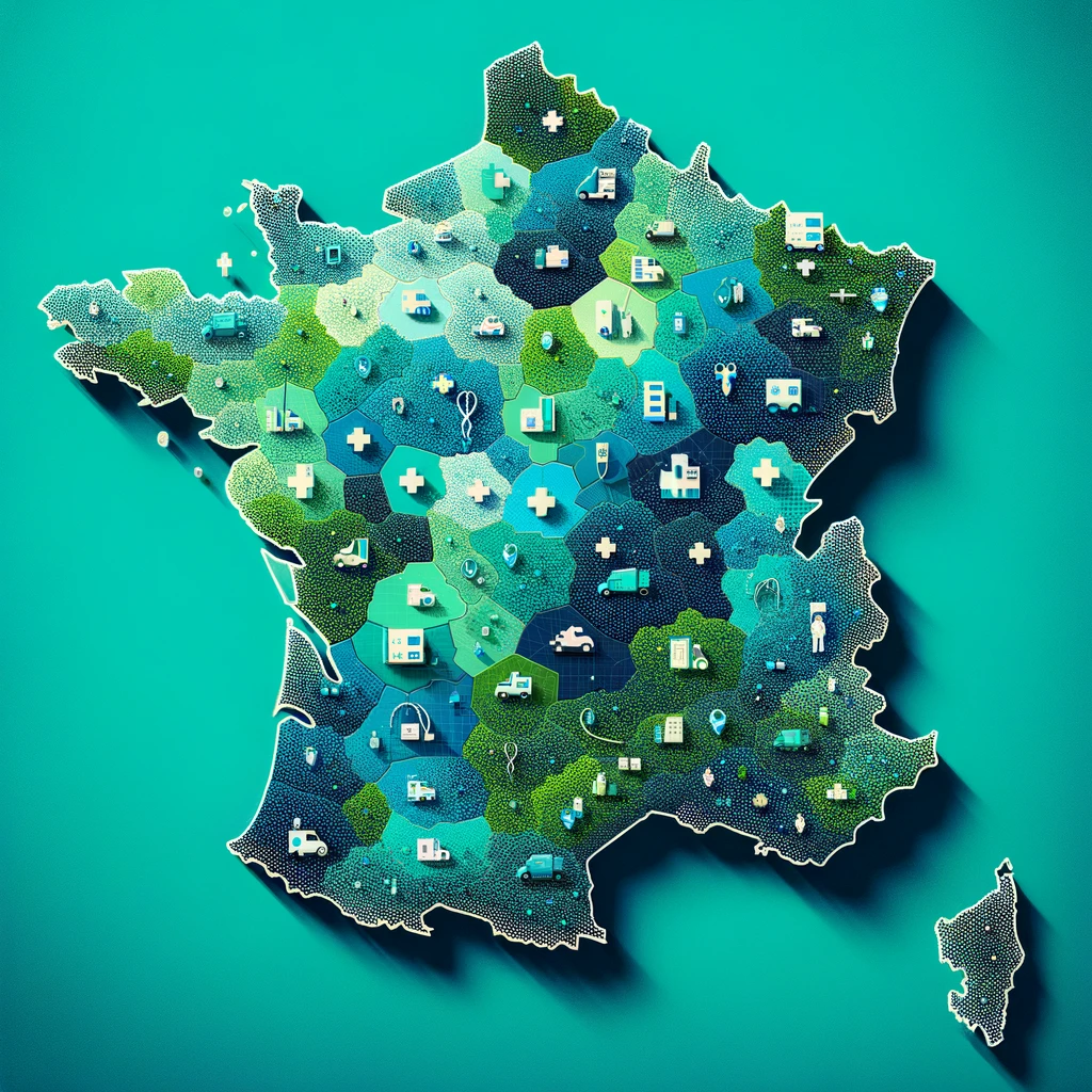 DALL·E 2024-02-14 01.38.22 – A stylized map of France showcasing the disparity in healthcare coverage across its regions and departments, designed to align with the color scheme o
