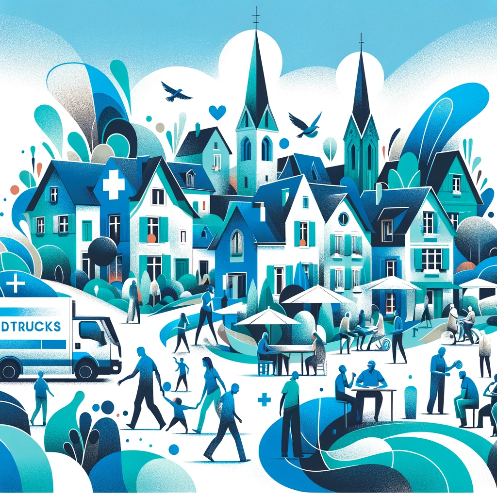 DALL·E 2024-02-14 02.06.49 – Create an abstract illustration of a French village alive with activity, using the color scheme of the MedTrucks logo which includes shades of blue an