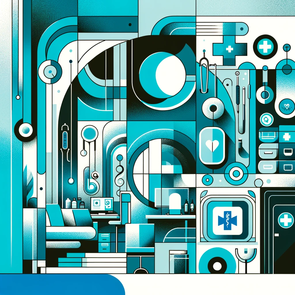 DALL·E 2024-02-14 02.50.31 – Create an abstract illustration of a doctor’s office, using the color scheme of the MedTrucks logo which includes shades of blue and turquoise. The de
