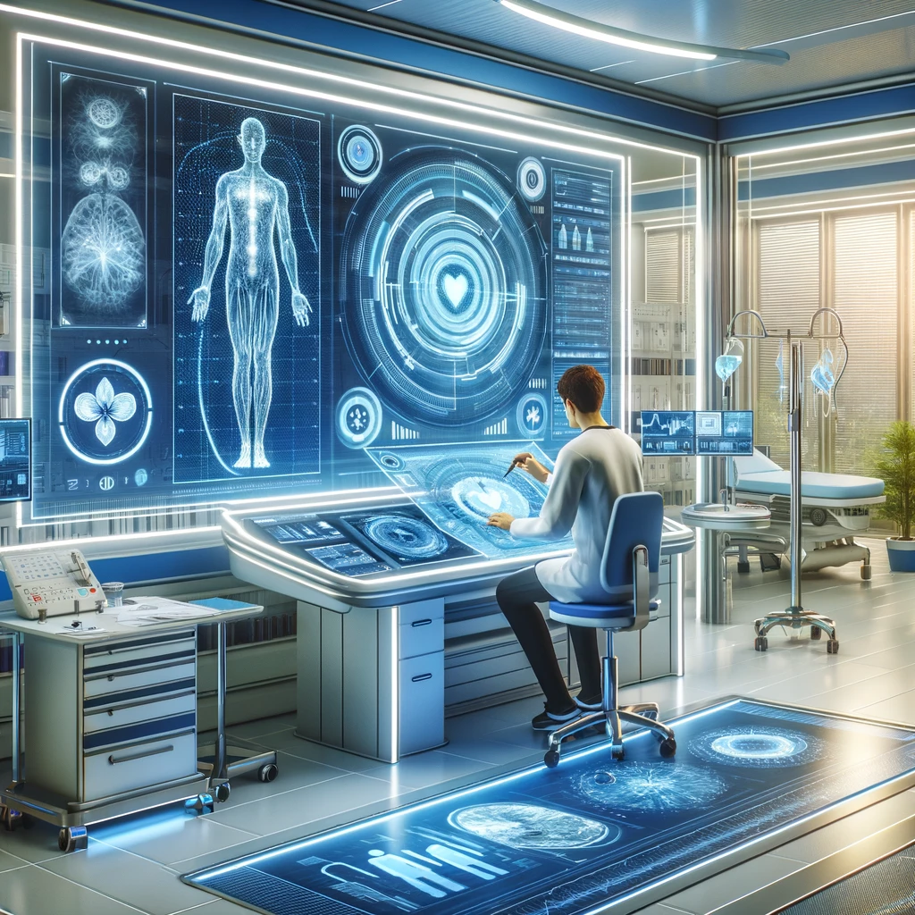 Illustration-of-a-futuristic-healthcare-setting-where-advanced-technology-and-healthcare-converge.-The-scene-includes-a-healthcare-professional-using